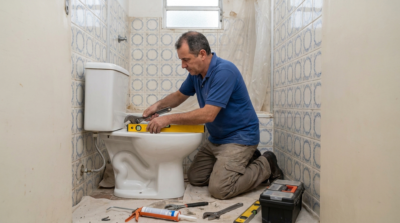 Técnico instalando vaso sanitário em Taboão da Serra‑SP
